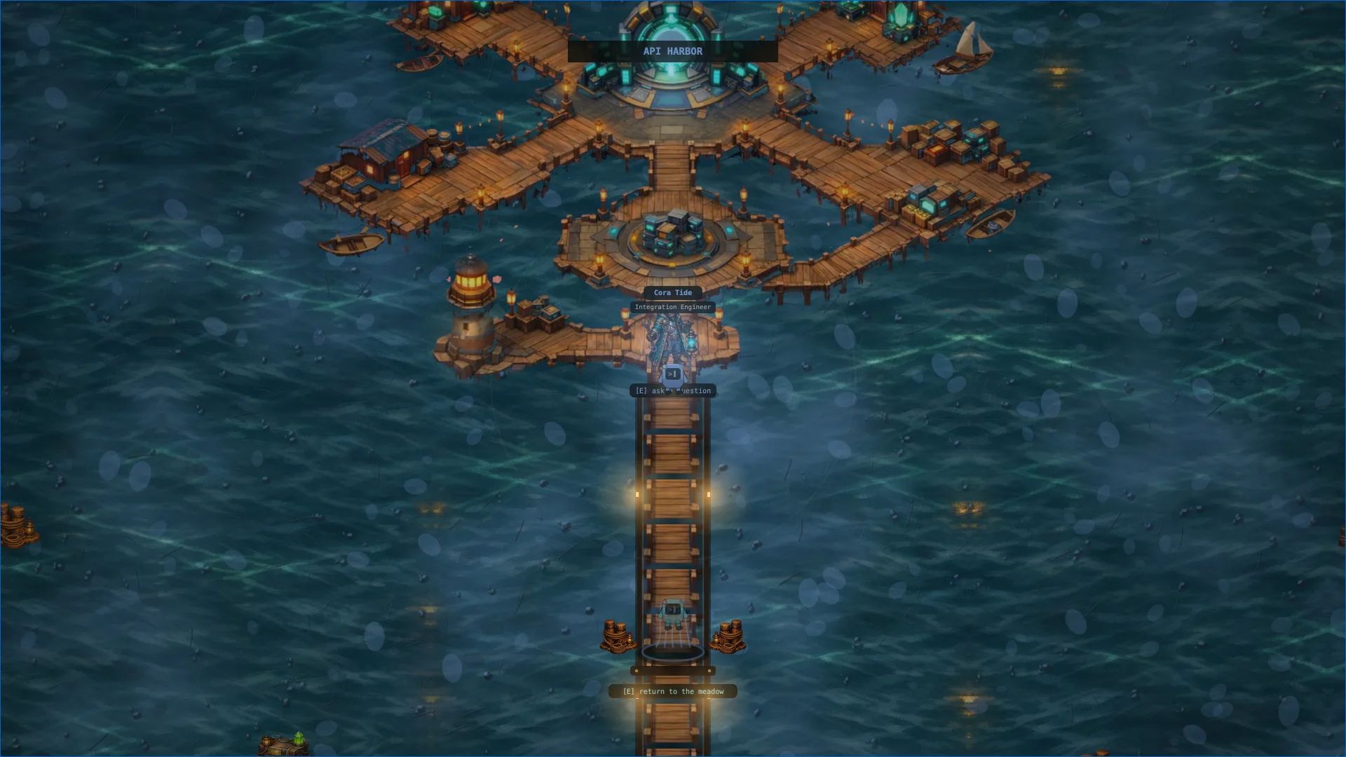 API Harbor interior: wooden piers and a long causeway over animated open water