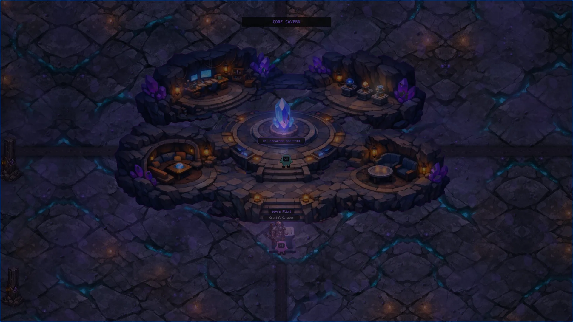 Code Cavern interior: a glowing crystal showcase platform ringed by focus platforms underground