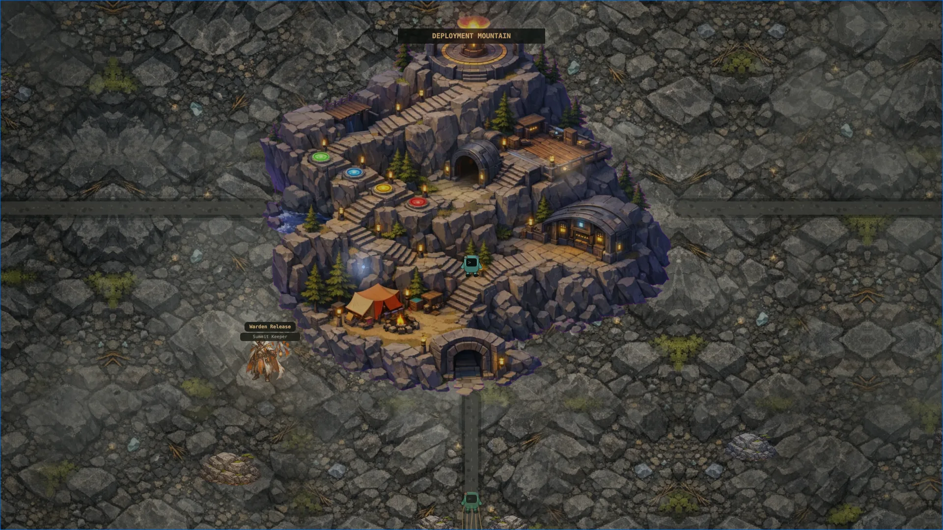 Deployment Mountain interior: a terraced rock massif with tunnels, stairs and a campfire