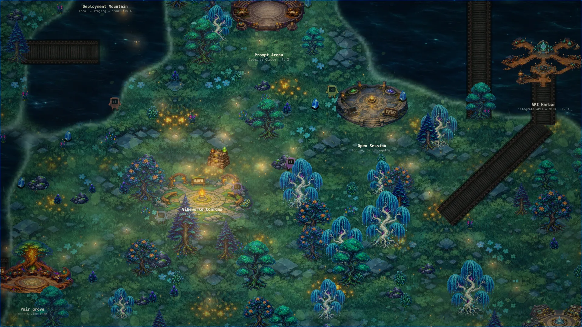 The meadow at midday showing ground variation, rivers, bridges and several district entrances