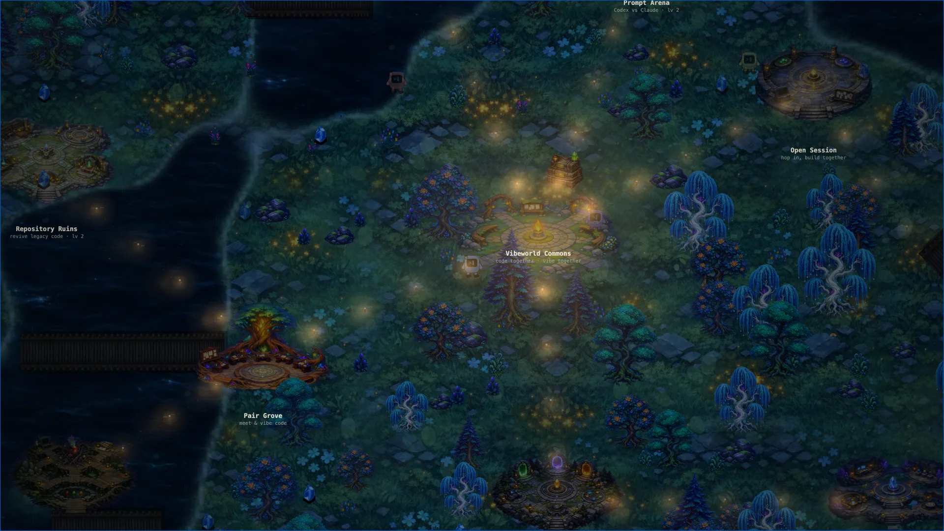 The Vibeworld meadow at night, the Commons glowing amber among moonwillows with fireflies over dark water