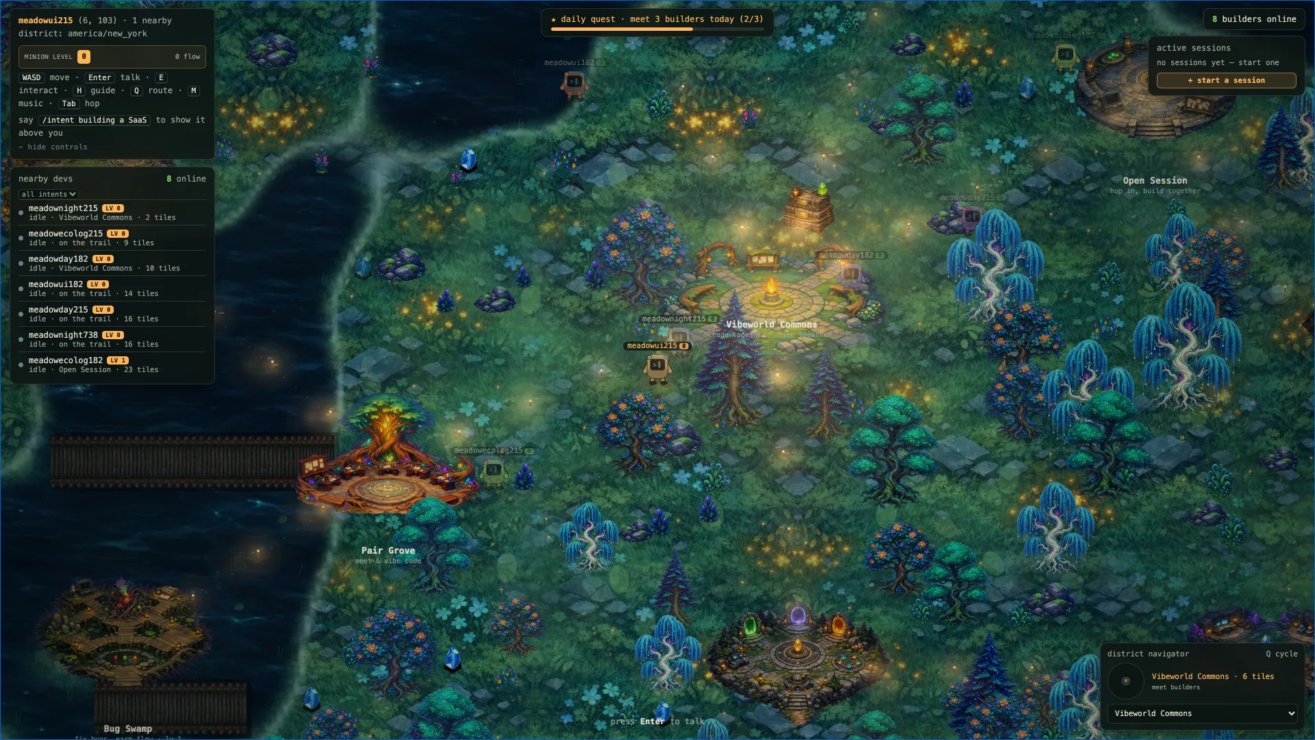 The Vibeworld HUD showing level, flow, chat, nearby builders, daily quest and the district navigator
