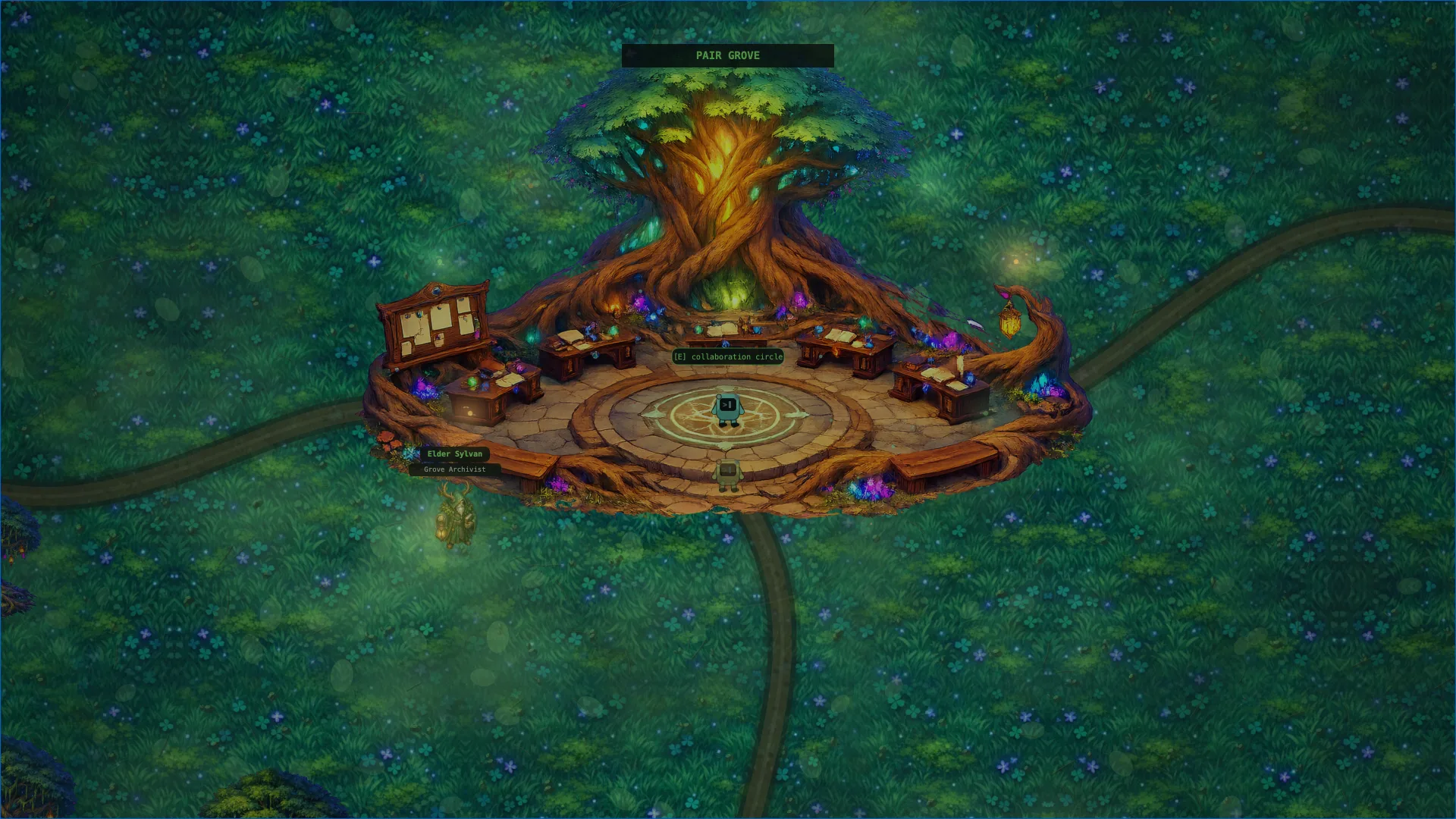 Pair Grove interior: a giant World Tree above a ring of eight lantern-lit scholar workstations